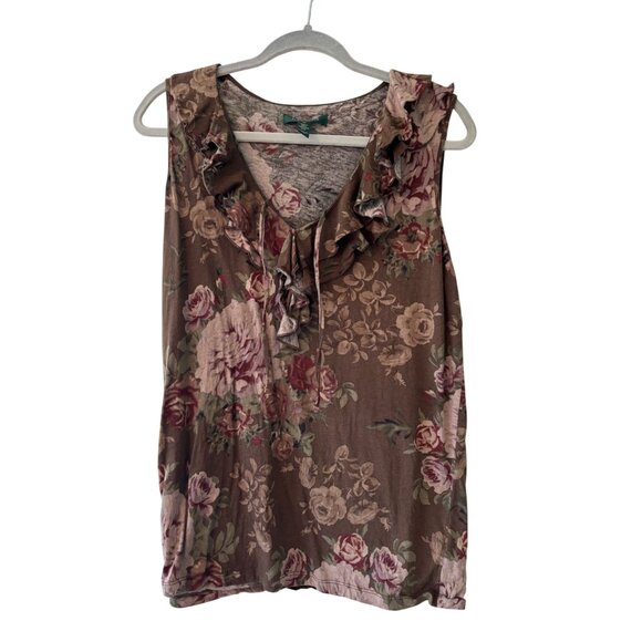 Lauren Ralph Lauren Floral Ruffle Sleeveless Top 1X Cotton Brown & Pink - Picture 1 of 12